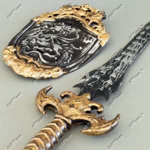 close-up shot of sword and shield