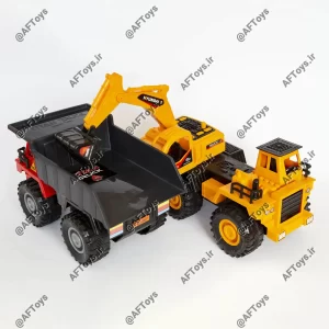 excavator rotated towards a dump truck